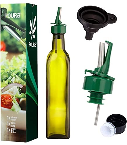 Poura Olive Oil Dispenser Bottle for Kitchen with Drizzler Pourer - Advanced ClickSeal Open Close Spout Keeps Oil Fresh - Includes Funnel, 500ml