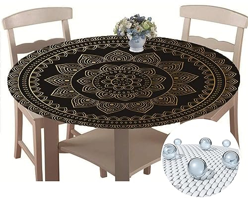Chickwin Tischdecke Outdoor Rund 90 cm, Elastisch Tischdecken Abwaschbar Wasserabweisend Lotuseffekt 3D Monstera Garten Tischdecke Mandala Table Cloth, Ideal für 70cm-80cm