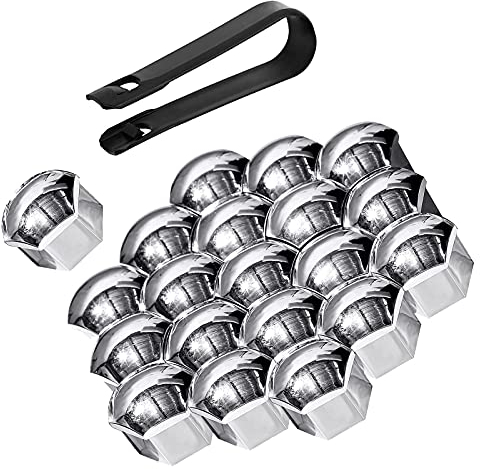 Bseical 20 Pièces Cache Ecrou ABS Processus de Galvanoplastie, Cache Boulon Universels 17mm/19mm/21mm de Roue Capuchons Protection Hexagonal Bouchon Écrou de Pneu avec Outil Demontage (Argent, 17mm)