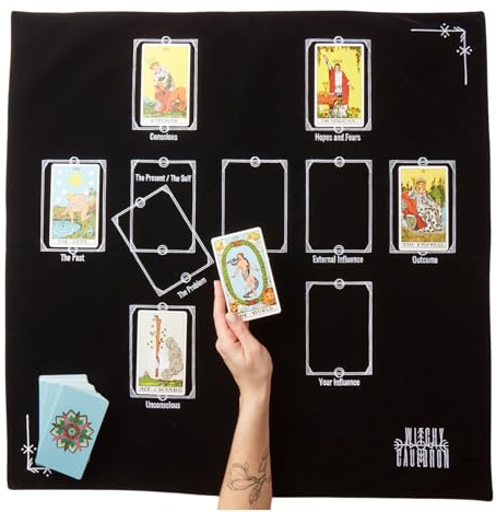 Witchy Cauldron Tarot-Tischdecke für Lese- und Altartuch, Mondwechsel, Hexen-Stickerei, Samt, Seidentuch, Satin, Keltisches Kreuz, Schwarz