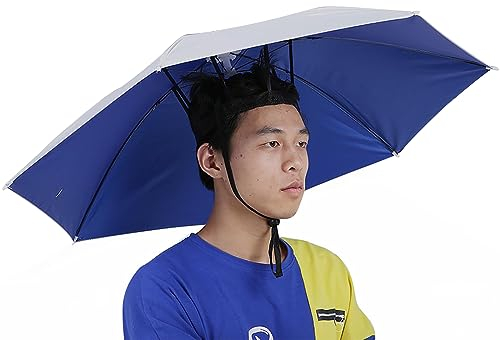 Regenschirm-Hut,77 cm, Sonnencreme, winddicht, freihändig, Kopfschirm-Kappe, auf dem Kopf befestigter Regenschirm, faltbarer Hut, Regenschirm für Erwachsene und Kinder, Männer, Frauen(Silber Blau