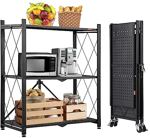 DEANIC 3 Ablagen Klappregal Schwerlastregal, Küchenregal mit Rollen,71 x 34 x 90 cm Metallregal Lagerregal Standregal Kellerregal Regal(Schwarz)