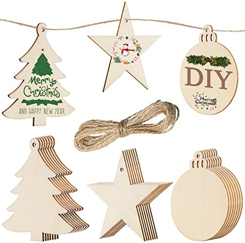 Graplan 30 Wooden Christmas Tree Decorations 3 Styles with Twine for DIY Crafts