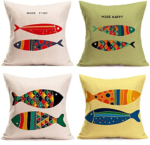 AKIS Home Kissenbezug 45x45cm 4er-Set Fisch Cartoon Muster Nordic Style Kissenbezüge Sofakissen Kinderkissen Kissenhülle für Wohndeko Schlafzimmer…