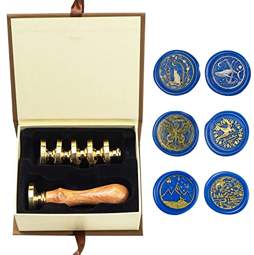 Wachs-Siegel-Stempel-Set, ANBOSE Tier Wachs-Siegel-Stempel-Set mit 6 PCS abnehmbare Messingköpfe und 1 Holzgriff, Katze Wal Schmetterling Schwalbe Siegel Wachsstempel für Karten Einladungen