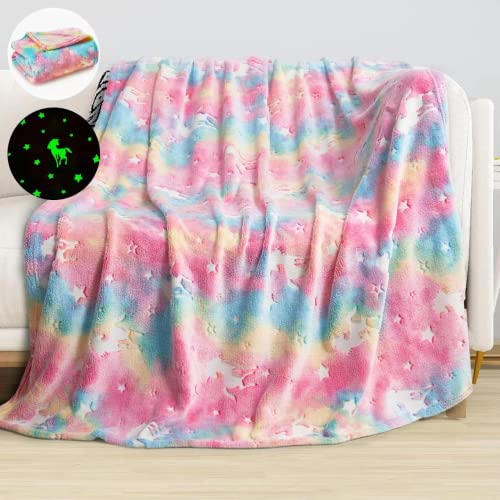 Bibykivn Einhorn Decke Kuscheldecke Kinder - Decke Leuchtet im Dunkeln, Flauschig Kinderdecken, Sofadecke für 1-10 Jährige Mädchen und Jungen, Weiche Wohndecke für Geschenk (Farbig, 120 x 150cm)