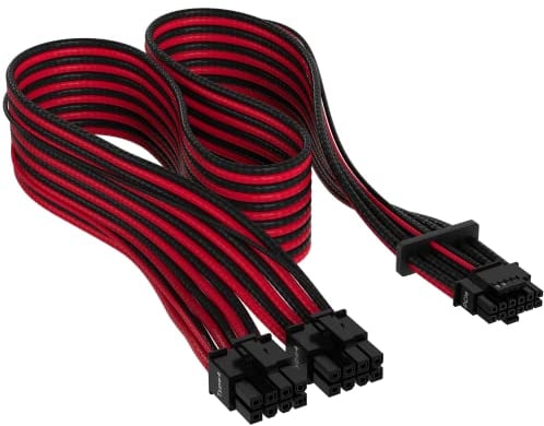 Corsair Premium 600W PCIe 5.0 / Gen 5 12VHPWR PSU Cable - Fits Type-4 PSUs via Dual 8-pin PCIe - 12+4pin Connector - Mesh Paracord Sleeving - Black/Red