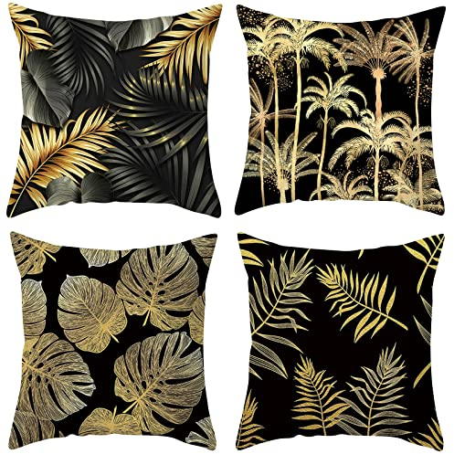 Cushion Cover 45x45, Dekokissen Bezug Luxus Kissenhülle Schwarz Gold Kokosnussbaum Palme Blatt Pillow Covers Polyester für Sofa Schlafzimmer