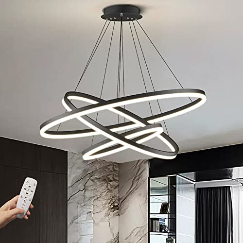 STARRYOL Moderne LED-Pendelleuchte, 3-Ringe-Kollektion, Schwarz, verstellbare Hängeleuchte, Kronleuchter, zeitgenössische Deckenleuchte, dimmbar 2700 K – 6500 K, mit Fernbedienung – 78 W