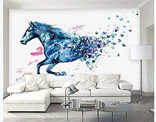 BELOKA Papier Peint Panoramique 3D Aquarelle Abstraite Cheval Papillon Papier Peint 3D Intissé Moderne Décoration Murale