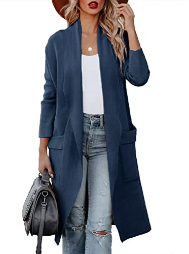 Maavoki Cardigan da Donna, a Maniche Lunghe, Aperto sul Davanti con Tasca, Casual, Lungo, Tinta Unita, Blu, L