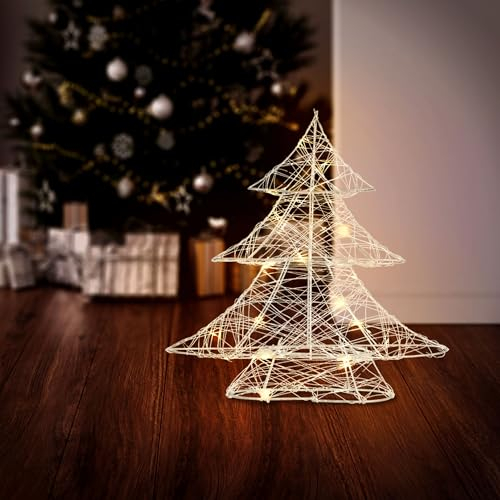 ECD Germany Arbre de Noël Décoratif 20 LED Blanc Chaud, 30cm de Haut, Métal, Argenté, Sapin de Noël avec Éclairage Minuterie, Intérieur, Fonctionne sur Piles, Décoration Lumineuse Suspendue ou Posée