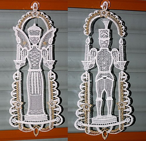 Plauener Spitze Fensterbild Weihnachten Bergmann Engel Weiß Gold Fensterdekoration 34 cm Weihnachtsdekoration Fensterschmuck Weihnachtsschmuck mit Saugnäpfen