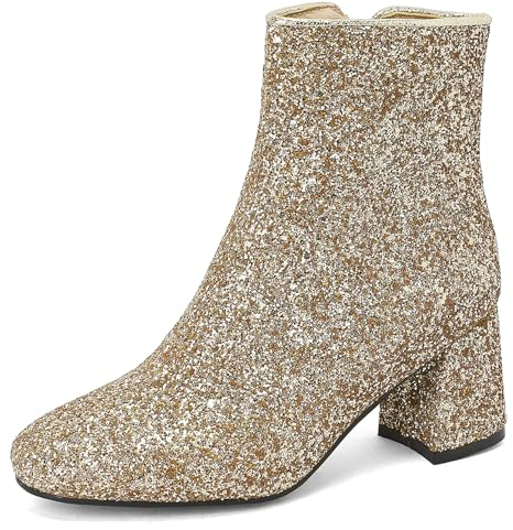 Stivaletti da Donna con Tacco Largo, Stivaletti da Festa Punta Rotonda Tacco Medio Stivali Corti Zip Paillettes, R13389Gd Oro Numero 43 EU