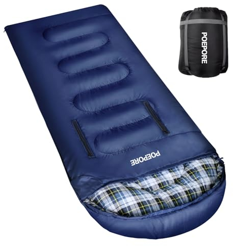 POEPORE Flannel Sleeping Bag Lightweight Warm Weather 3-4 Seasons for Adults XL Wearable Sleeping Bag Waterproof with Compression Sack Blue