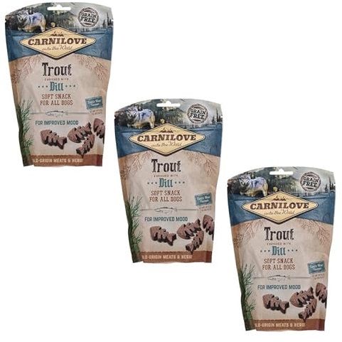 Carnilove Soft Snack Trout enriched with Dill | 3er Pack | 3 x 200 g | Leckerli für Hunde | Forelle und Dill | Ohne Zuckerzusatz | exotischer Fleischgeschmack