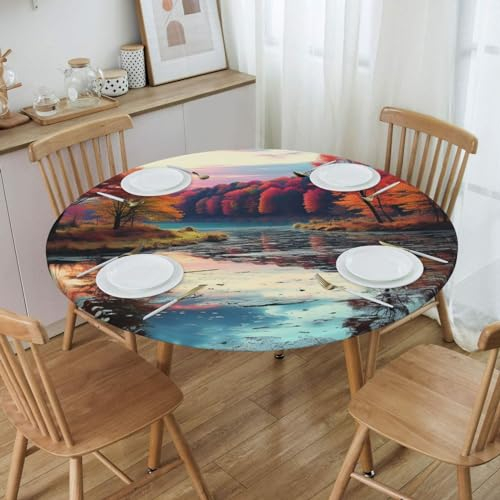 YLQHZW Runde Tischdecke, wasserdicht, elastisch, für 101,6 - 127 cm große Tische, öldicht, bunte Bäume, See, Fluss, Teich, Druck, Tischdecken für Picknick, Camping, drinnen und draußen, Größe M