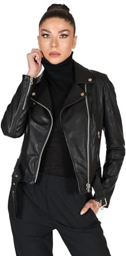 D'Arienzo Chiodo in Pelle Donna Colore Nero Giacca Giubbotto Moto Vintage Vera Pelle Made in Italy Chiodo D S/Nero