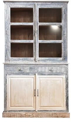 Keyhomestore - Sideboard mit Vitrine mit 4 Türen und 2 Schubladen aus hellblauem und weißem Holz, Ablage und Türen in Weiß und Griffen aus Eisen. Höhe 213 cm.