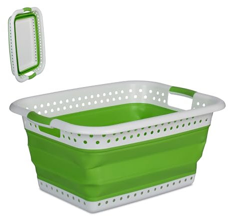 Relaxdays Wäschekorb faltbar, 36 Liter, Wäschewanne Kunststoff, platzsparend zusammenklappbar, mit Griffen, grün/weiß