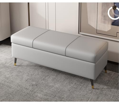 Extralange graue Kunstleder-Ottomane mit Kissen, Eingangsbereich, Möbel für Wohnzimmer, Schlafzimmer, Bettbänke für Fußbett, rechteckige Aufbewahrungstruhe, PU-Leder, Ottomane mit Stor