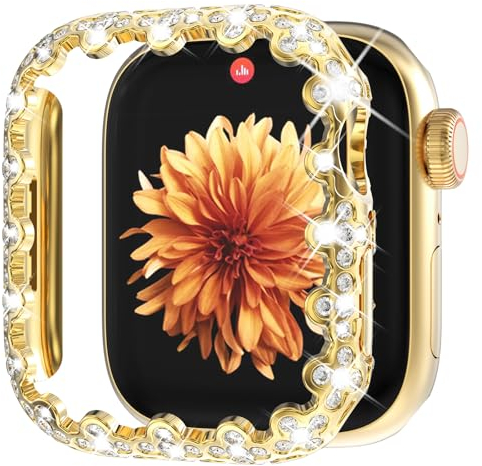 WINGLE Bling Bumper Schutzhülle für Apple Watch Serie 10, 42 mm, 4-blättriges Kleeblatt, Diamant-Schutzhülle für Damen, iWatch, harter PC-Rahmenschutz für Apple Watch 10, 42 mm, Spitzenkante, Gold