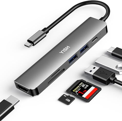 YISH Hub USB C 6-in-1: USB C Hub con PD100W,4K HDMI,2 x USB A,Lettore Schede SD/TF per Desktop, Laptop, Tastiere, Chiavette USB, HDD Mobile Grigio