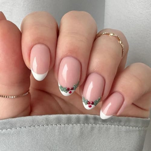 24pcs Christmas False Nails - Short Oval French Tip Press on Nails with White Edge, Holly Berry Pattern, Removable Glue-on Acrylic Full Cover Nails for Women & Girls' Nail Art