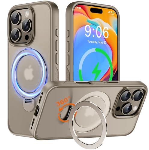 Derwav Multi-in-1 [Magnetic+ Kickstand+ Ring Holder] for iPhone 16 Pro Max Case Compatible with MagSafe, 360°Rotatable Stand with Military Shockproof Silicone Frame Magnet Bumper Cover, 6.9'', Gold