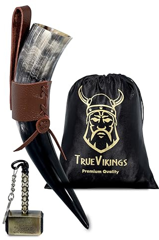 TRUE VIKING Drinking Horn 10-12oz – Gifts for Men, Dad, Husband – Unique Viking Gift – Handmade Real OxHorn Cup with Thor Bottle Opener – for Beer, Ale, Mead (Horn with Holster)