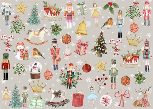 Second Ave Pack of 8 Christmas Tree Nutcracker Festive Design Grey 50 x 70cm XL Presents Wrapping Paper Sheets Xmas