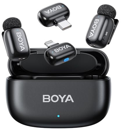 BOYA Mini Microfono Wireless per iPhone Android, Microfono Lavalier Ultraleggero 5g con Lightning/USB-C Plug, Voice Change, Riduzione del Rumore, 30h, Microfoni Wireless professionali per smartphone