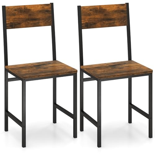 COSTWAY 2er Set Esszimmerstühle, industrielle Küchenstühle mit Metallrahmen & Rückenlehne, bis 150 kg, Stühle für Küche Esszimmer Wohnzimmer, vintagebraun+schwarz