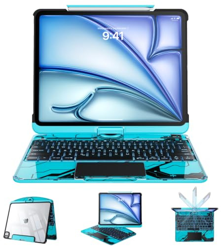 Tiaota Funda táctil con teclado para iPad Air (M3/M2,2025/2024) de 11 pulgadas, teclado retroiluminado de 7 colores, trackpad giratorio de 360° compatible con iPad Air de 10.9 pulgadas de 5ª/4ª y 11