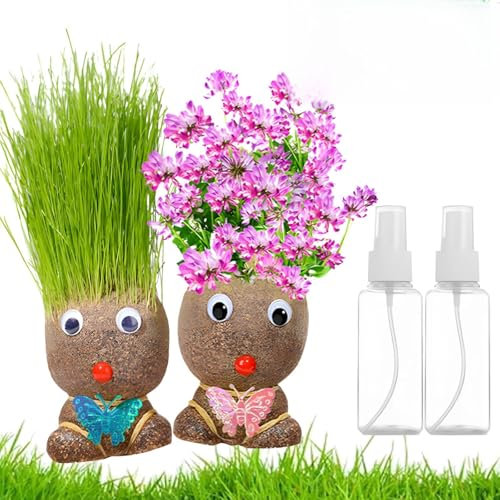 2 PCS Grass Head, Grass Heads for Kids to Grow, Grow Your Own Kits Fun Home and Garden Decor Fresh Grass Plants Educational and Interactive Gardening Activity Ideal Gift for Creative Learning