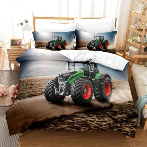 LMMSMGS Bettwäsche 135x200 GrüNer Traktor Bettwäsche-Sets– Weiches Mikrofaser-Set mit Bettbezug 135x200 + 1 Kissenbezüge 80x80 mit Reißverschluss Eckbinder für Mädchen Jungen