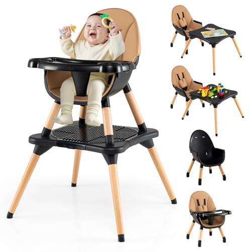 COSTWAY 6 en 1 Chaise Haute Bébé Evolutive, Table en Blocs Convertible, Harnais à 5 Points, Plateau Réglable Amovible, Chaise Haute Bebe en Bois, pour 6-36 Mois, Charge 15 kg, Café