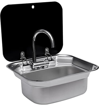 Edelstahl Spüle Set für Wohnmobil - Faltarmatur & Hartglasdeckel | 42x37cm Kompakt-Spülbecken mit Pumpe/Kanister, TÜV-geprüft für Camper, Boot, Bar (schwarz/silber)