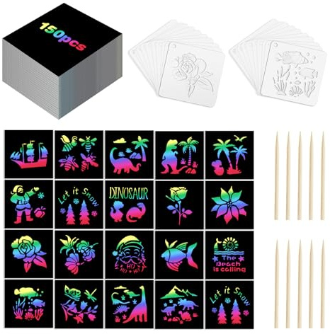 Eommmgl-180 Rainbow Scratch Paper Set,Scratch Art for 4-12 Kids, Mini Notes Arts and Craft Supplies,Matching Random Personalized Stencils ,Christmas Gift,School Classroom Activities, Travel Carrying.