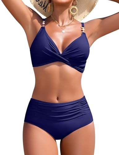 UMIPUBO Bikini Mujer Bañadores Traje De Baño 2 Piezas Sexy Push Up Cuello En V Perla Pliegues Reductores Control abdominal Conjunto Talle Alto Biquinis Dos Piezas