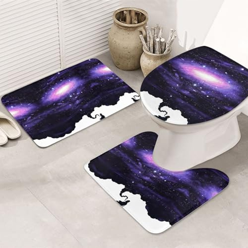YUBVCF Badezimmerteppich-Set, Motiv: Galaxie, Weltraum, Flanell, rutschfest, 3-teilig, 80 x 50,8 cm, Teppich-Set für Badezimmer, Waschtisch, weiche Fußmatten