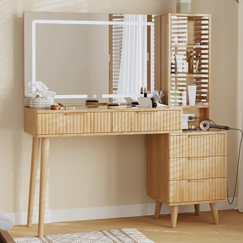 Onaninso Schminktisch mit großem 90 cm LED-Spiegel, geriffeltem Design, Seitenregal mit Glastür, integrierter Steckdose und gehärteter Glasplatte mit 5 Schubladen für Schlafzimmer(Walnuss)
