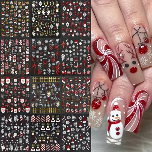 12 Blatt Weihnachts Nagelsticker mit Schneeflocken, Schneemann, 3D Design, selbstklebend, rot golden, Weihnachtsmann, Elch, Weihnachtsbaum, Weihnachtsmannmütze festliche