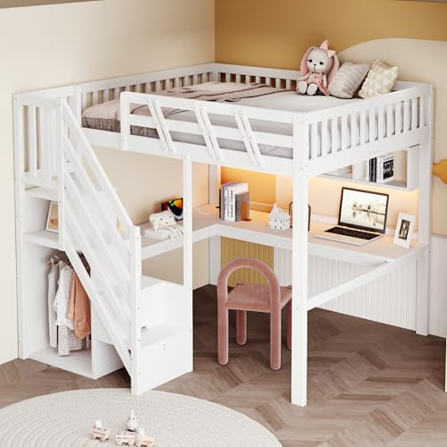 RIAZOS Kinderbett Hochbett 140x200 cm, Treppe mit Kleiderstange und Regale | Schreibtisch mit LED USB, Jugendbett, Massivholzrahmen mit Lattenrost, Weiß, ohne Matratze