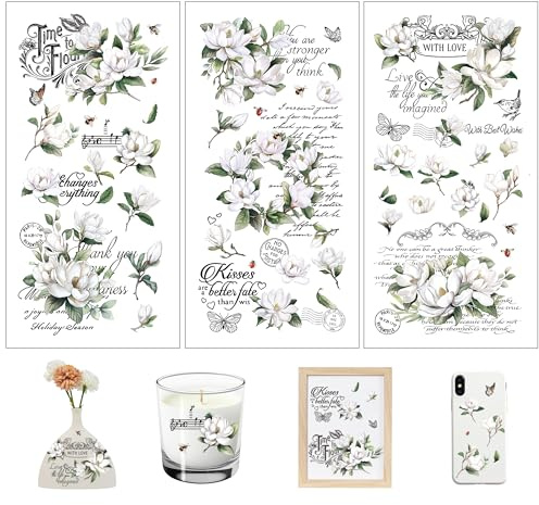 Joeyan 3 Stück Rub on Sticker Blumen,Weiße Magnolie Folie Transferaufkleber | Deko zum Raysin Keraflott, Hochzeit, Fotoalbum, Wischfolie, Sprüche Aufkleber für Gläser,Holz,Metall,Porzellan, 15x30 cm