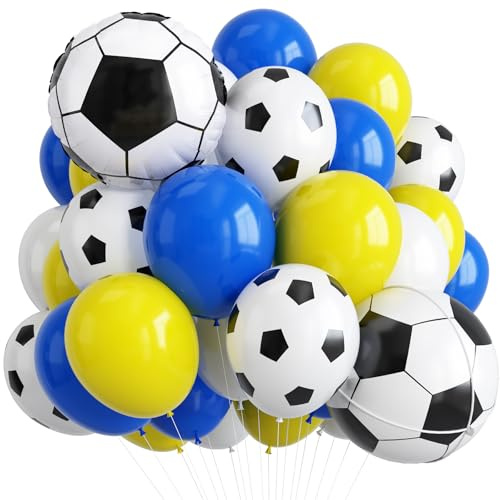 Set di palloncini da calcio blu e gialli, palloncini a tema calcio gialli, blu navy e bianchi, con palloncino da calcio in lamina 4D, per bambini, baby shower, compleanno, stella del calcio, sport