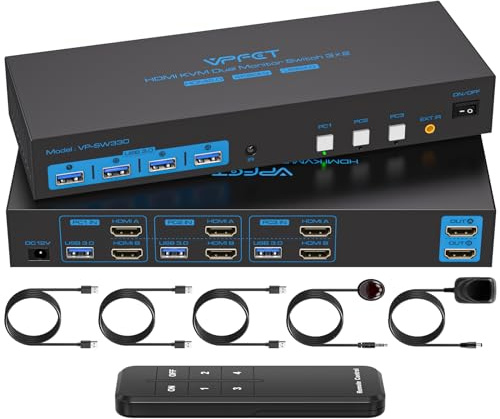 TIGKTING HDMI KVM Switch 2 Monitors 3 Computers 4K@60Hz Dual Monitor | KVM Switch for 3 Computers Share Keyboard Mouse Printer and U Disk.Simulation EDID Wired Controller and DC 12V Adapter