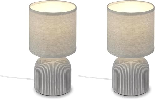 BRILONER - Tischlampe mit Stoffschirm, Kabelschalter, Keramikfuß, Lampe, Nachttischlampe, Tischleuchte, Dekolampe Flur, Bürolampe, Leselampe, Wohnzimmer, Schlafzimmer, 15x28 cm (DxH), Grau