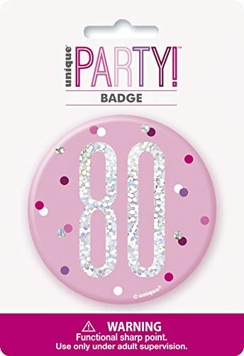 Unique Party 83537 Pink Number 80 Birthday Badge Silver | 1 Pc, age 80