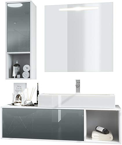 Vladon Badmöbel Komplettset La Costa, Made in Germany, Korpus in Weiß matt/Fronten in Grau Hochglanz, mit Aufsatzwaschbecken, Armatur und LED Spiegel